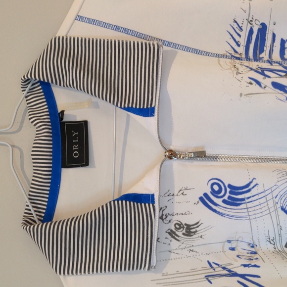 Orly White Blue Stripe Zip Up Lightweight Cotten Jacket Size Large - Picture 2 of 6